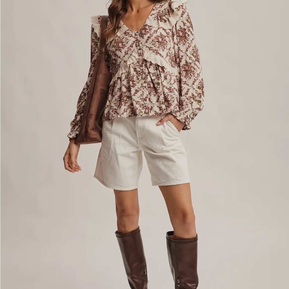 Forte Floral Ruffle Tunic in Cream and Brown